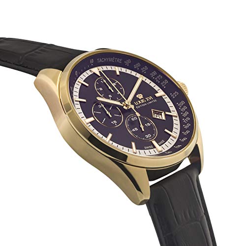 LOUIS-XVI-Herren-Armbanduhr-Varennes-Gold-Schwarz-Chronograph-Analog-Quarz-echtes-Leder-Schwarz-917