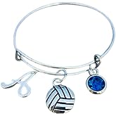 Personalized Volleyball Charm Bangle Bracelet with Letter & Birthstone Charm, Custom Girls Volleyball Jewelry - Gift For Volleyball Players & Teams