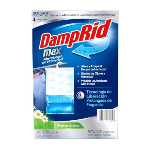 DampRid Max Absorbente de Humedad para Colgar en Armarios. Deshumidificador que Atrapa el Exceso de Humedad y Elimina el Olor a Humedad. 4 Bolsas Colgantes de 453 g
