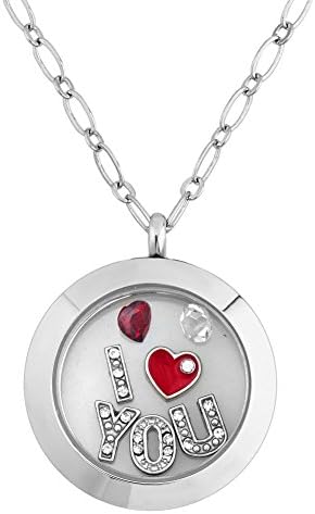I Love You Living Locket Necklaces With 18" Chain Floating Red Heart Charms Gift Boxed