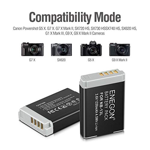 ENEGON NB-13L Paquete De Baterías De Lones De Litio (2-Pack) y Cargador USB Dual para Cámaras Canon PowerShot G5X,G7X,G7 X Mark II,SX720 HS,SX730 HS,SX740 HS,SX620 HS,G1X Mark III,G9X,G9X,G9X Mark II