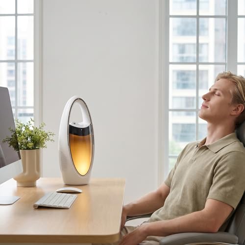 Acemall Ventilador sin Aspas 35cm Portátil Inalámbrico de 4000 mAh Ventilador de Torre con humidificador y 9 Velocidades & luz nocturna y temporizador y 70° Oscilante para dormitorio, oficina, hogar