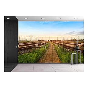 Cargo Train Platform at Sunset with Container - Removable Wall Mural | Self-Adhesive Large Wallpaper - 66x96 inches