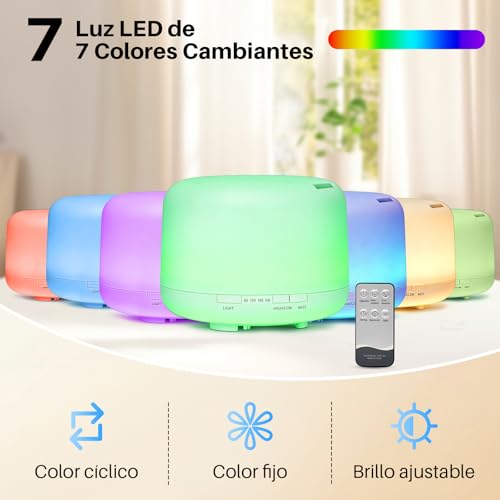 Salandens Difusor de Aceites Esenciales 500ML, Difusor de Aromas con 6 Aceites Esenciales, Humidificador de Aire con 7 Colores de Luz Led, 2 Niveles De Niebla y Control Remoto, para Casa y Oficina