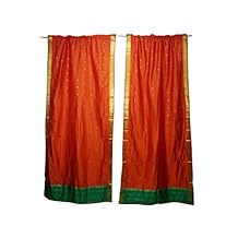 2 Indian Silk Sari Curtain Orange Boho Living Door Panel 96X44