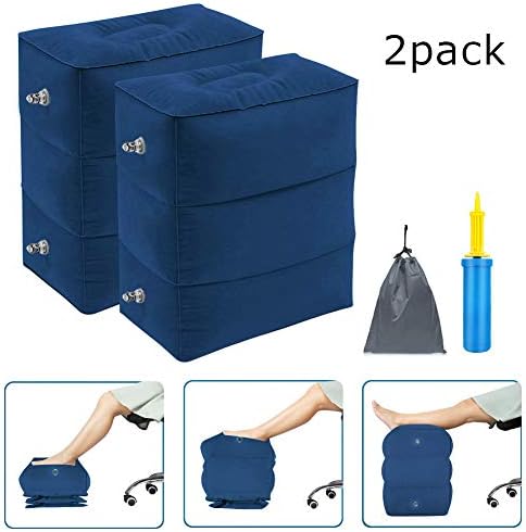 MEILE Travel Foot Rest Pillow, Portable Inflatable with Double Hand Pump Adjustable Three Layers Height Pillow for Foot Rest on Airplanes,Cars,Buses,Trains,Office Kids to Sleep (Blue,2 Pack)