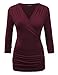 LL WT1255 Women's Deep V Neck 3/4 Sleeve Slim Fitted T-Shirt Casual Cross Surplice Wrap Tops XXL Wine
