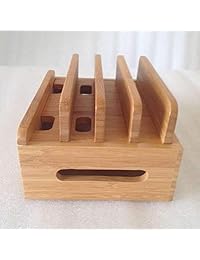 Estaciones de carga de bambú para dispositivos múltiples, organizador de estación de acoplamiento de escritorio para teléfono celular, tableta, reloj (incluye estación de base de madera de bambú, soporte de reloj, 4 cables de cargador USB de 8 pulgadas) P