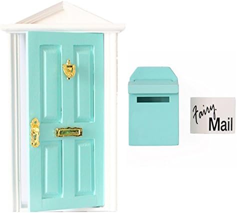 dreamflyingtech 1:12 Miniature Wooden Fairy Dollhouse Door Steepletop with Hardware and Mail Box Green