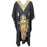 Mogul Interior Women Black Caftan Dress Embellished Short Resort Wear Kaftan One Size
