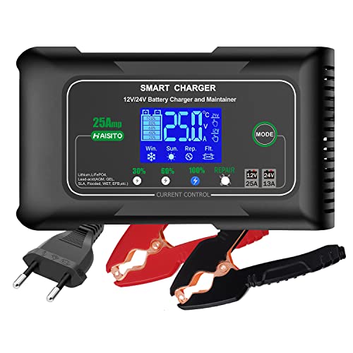 Haisito Car Battery Charger 12 V/24 V 25 A, Fast Intelligent Car and Motorcycle Battery Charger, Portable Charger and Maintainer of Lithium Battery, LiFePO4, Lead (AGM, EFB, Gel, MF, VRLA, etc.)