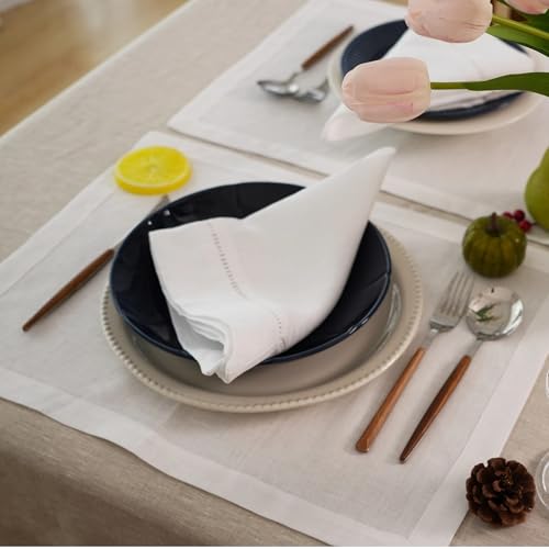 Simple&Opulence 100% Linen Dinner Napkins, Hemstitched Decorative 18x18 Inch(45x45cm) White French Flax Cloth, Pack of 4 Reusable Napkins,Stone Washed with Handcrafted Mitered Corners