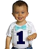 Noah's Boytique Boys Cake Smash Outfit First Birthday Grey Chevron Aqua Bow Navy Number One 18-24 Months