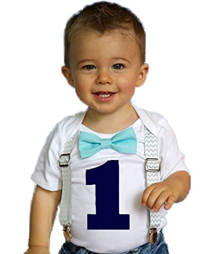 Noah's Boytique Boys Cake Smash Outfit First Birthday Grey Chevron Aqua Bow Navy Number One 18-24 Months