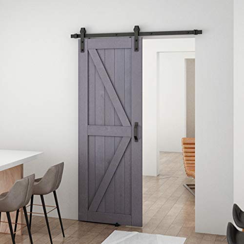 Genius Iron Gray 30inx84in Barn Door with 5FT Sliding Door Hardware Kit & Flush and Pull Set & Floor Guide, Pre-Drilled Ready to Assemble Environmental Solid Fir Wood Single Door Panel, K-Frame