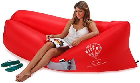 AirFun - Inflatable Lounger Air Filled Sofa Pool Float - Durable Rip Stop Nylon - Practical, Comfortable Design With Cup Holder &amp; Magazine Pocket - Lightweight, Compact, Portable - Red
