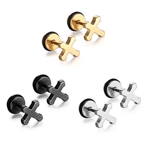 Mens Womens Stainless Steel Small Cross Ear Stud Earrings Screw Back 3 Pair/Set