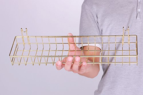 Simmer Stone Gold Hanging Basket for Wire Wall Grid Panel, Multi-functional Wall Storage Display Decoration Basket, Size 15.7" x 3.9" x 2"