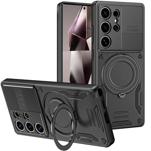 PANXIYUE Samsung Galaxy S24 Ultra 5G Case, with Invisible Magnetic Stand 360° Rotating Invisible Kickstand PC + Soft TPU Shockproof Protective Edges, Black