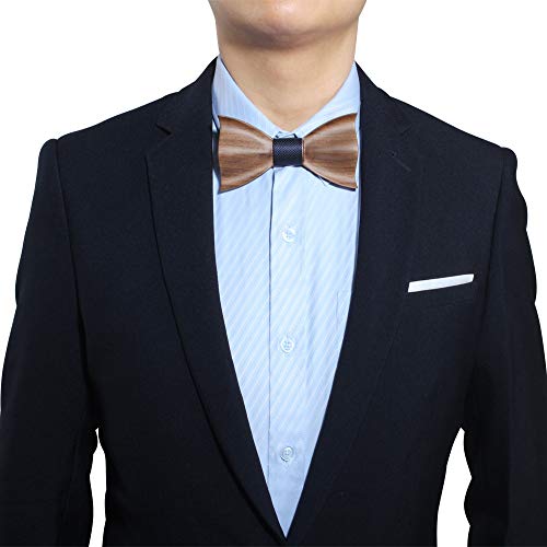Mens Wooden Bow Tie with Matching Pocket Square Cufflinks Set Classic Handmade (dark blue)