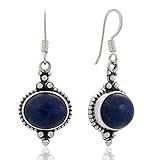 925 Sterling Silver Natural Gemstone Indian Inspired Vintage Oval Dangle Hook Earrings 1.5