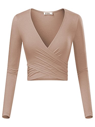 KIRA Women's Deep V Neck Long Sleeve Unique Cross Wrap Slim Fit Crop Tops (Medium, Camel)