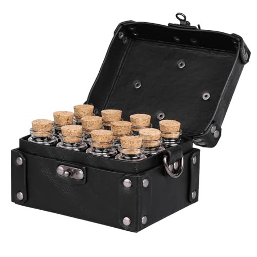 HiiFeuer Medieval Faux Leather Alchemy Box with 12 Cork Potion Vials, Fantasy Portable Crossbody Bag Jewelry Dnd Dice Holder (Black A)