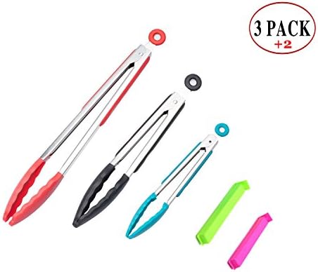 Silicone Kitchen Tongs - Set of 3 (7,9,12 Inch) For BBQ, Salad, Pasta Making...Heatproof and Easy Clean, Non- Stick, Stainless Steel Locking Cooking Tongs