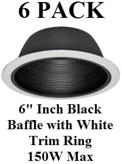 6โ INCH RECESSED LIGHTING BLACK BAFFLE WITH WHITE TRIM RING REPLACES HALO JUNO CAPRI - 150W - 6 PACK
