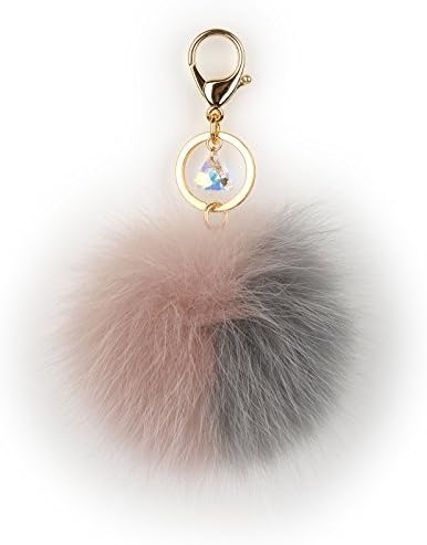 Richbud Fox Fur Ball Austrian Crystal Gold Keychain Pom Pom Keyring Handbag Purse Charm (Gray-Pink)