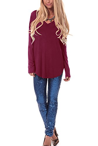 Women Fall Long Sleeve Blouse Top Shirt (Wine Red, X-Large)