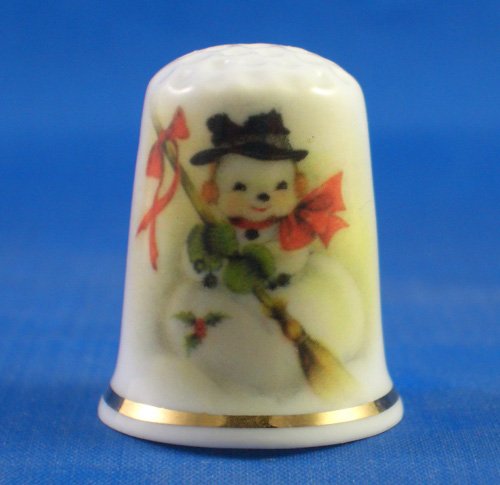 Porcelain China Collectable Thimble -- Christmas Happy Snowman with Free Gift Box