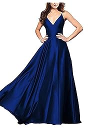 Ri Yun Mujer Cuello en V Spaghetti Correa Vestidos de baile Largo 2019 Satén Línea A Vestidos de baile de Noche Formal con Bolsillos