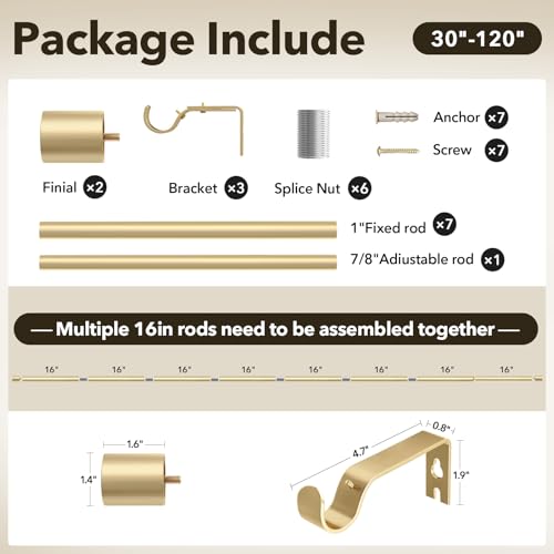 IFELS Heavy Duty Curtain Rods for Windows 66 to 120 Inch, 1 Inch Gold Curtain Rod Adjustable, Decorative Long Curtains Rods with Metal Finials, Easy Installation and Modern Design (A2,Gold,30"-120")