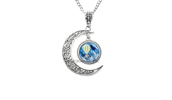 Hot Air Balloon Elephant Blue Full Moon Pendant Necklace Glass Art Print Jewelry Charm Gifts For