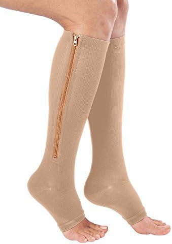 KINGSUNG Zippered Compression Knee Socks Supports Stockings Leg Open Toe 23-32mmHg Zipper (S/M, beige)
