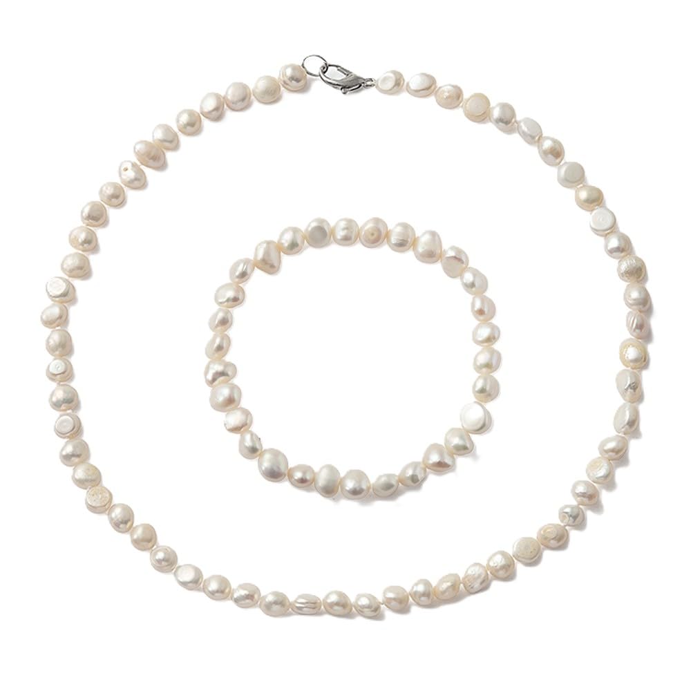 Treasure Bay Women's White Pearl Necklace Set | Natural 7-8mm White Freshwater Pearl Necklace Bracelet Set for Women and Girls