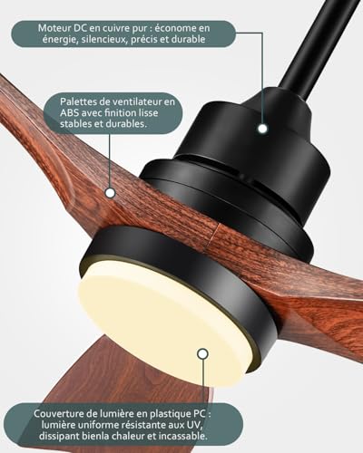 Forrovenco Ceiling Fan with Light and Remote Control, 52 Inch Strong Winds Silent Reversible DC Motor 3 Blades Wood Modern Design for Indoor Outdoor Patio Farmhouse, 52", Walnut