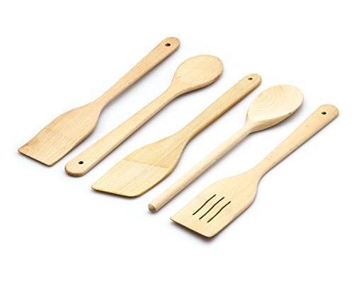 LAMBAA Wooden Utensil Set, 3 Beechwood Spatulas + 2 Spoons