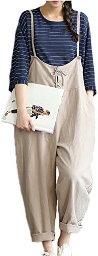 YAELUCKY Women Cotton Linen Overalls Wide Legs Pattern Sleeveless Jumpsuit With Pockets