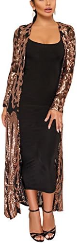 Womens Cover Up Long Sleeve See Through Sequins Open Front Cardigan Coat Dress