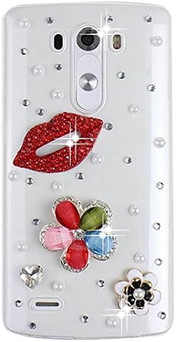 LG G Vista 2 Bling Case - Fairy Art Luxury 3D Sparkle Series Sexy Lips Flowers Crystal Design Back Cover with Soft Wallet Purse Red Cloth Pouch - Colorful