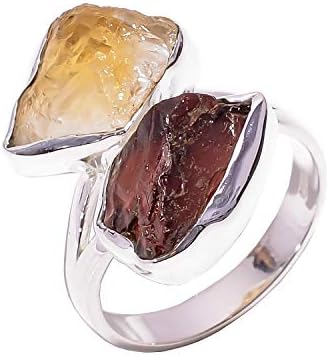 925 Sterling Silver Ring Size UK Q 1/2, Natural Raw Citrine, Garnet Gemstone Women Jewelry RSR3005