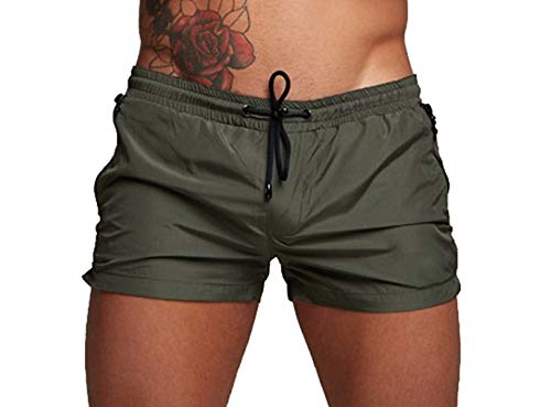 TONLEN Mens Swimwear Sports Shorts Swim Trunks with Zipper Pockets Army Green M