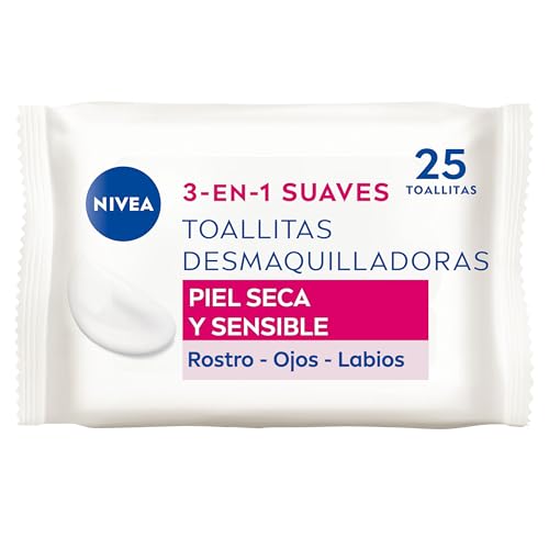 Toallitas Desmaquilladoras 3-en-1 Suaves - Toallitas Húmedas - Limpia Suave y Eficazmente - Elimina Maquillaje Waterproof - Para Rostro, Ojos y Labios - Piel Seca y Sensible - 25 unidades