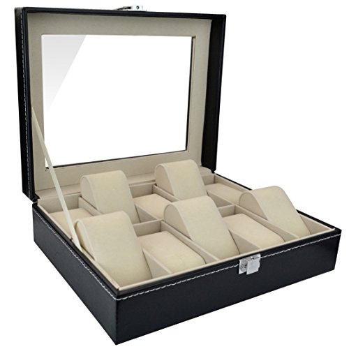 Aketek Watch Box 10 Mens Black Leather Display Glass Top Jewelry Case Organizer - Thumbnail 5