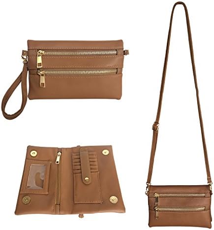 Crossbody Wallet Wristlet FanCarry PU Leather Women’s Clutch Purse Card Organizer with Front Zipper Pockets (Brown)