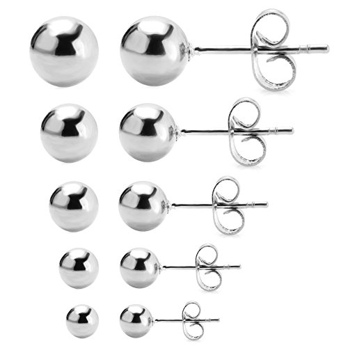 Jewelrieshop 5 Pairs Assorted Sizes Wholesale Lot Stainless Steel Round Ball Stud Earrings, Hypoallergenic, Nickel-free, Lead-free