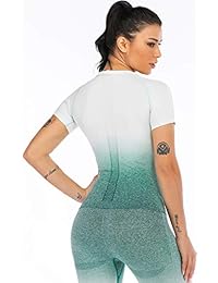 RUNNING GIRL Ombre sin costuras Crop Top manga larga capa cuello redondo Power Stretch Gym Yoga Crop Top con agujeros para pulgar