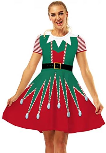 Women Christmas Short Sleeve Vintage Print Dress，Snowman Christmas Red 1950s Notes Print Vintage Costume Swing Party Dress